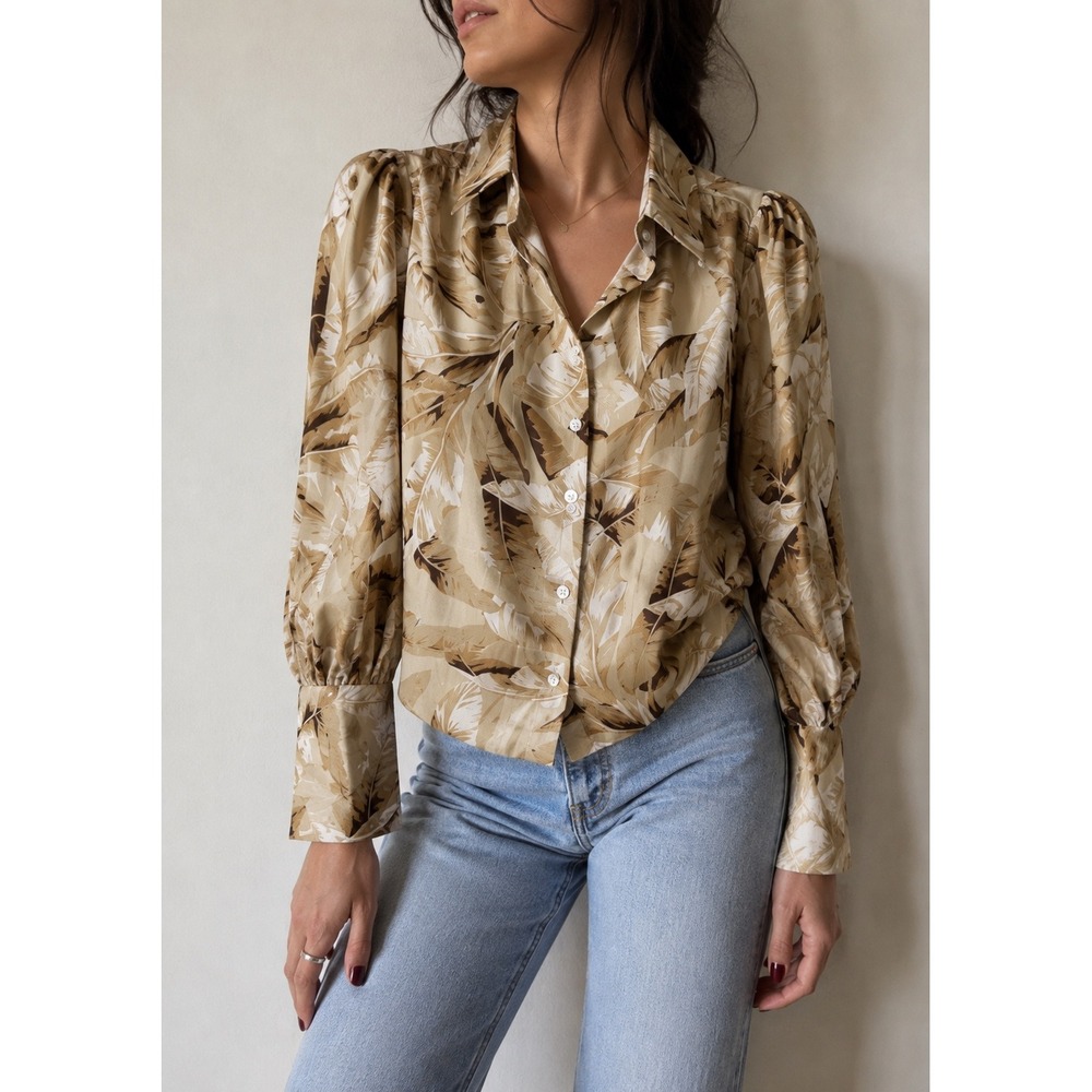 Kaimilan‎ Tan Palm Print Puff Sleeve Button Up Shirt Blouse Size 4 Tropical Top